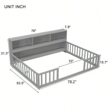Full Floor Bed with Side Bookcase, Shelves, Guardrails,