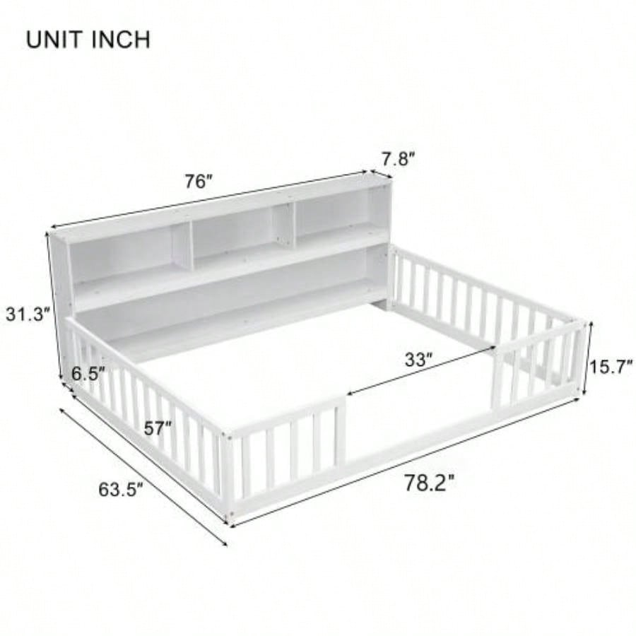 Full Floor Bed with Side Bookcase, Shelves, Guardrails, White