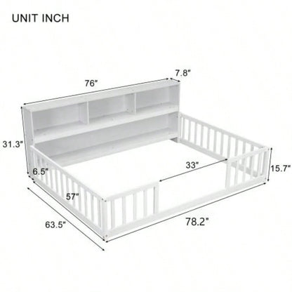 Full Floor Bed with Side Bookcase, Shelves, Guardrails, White