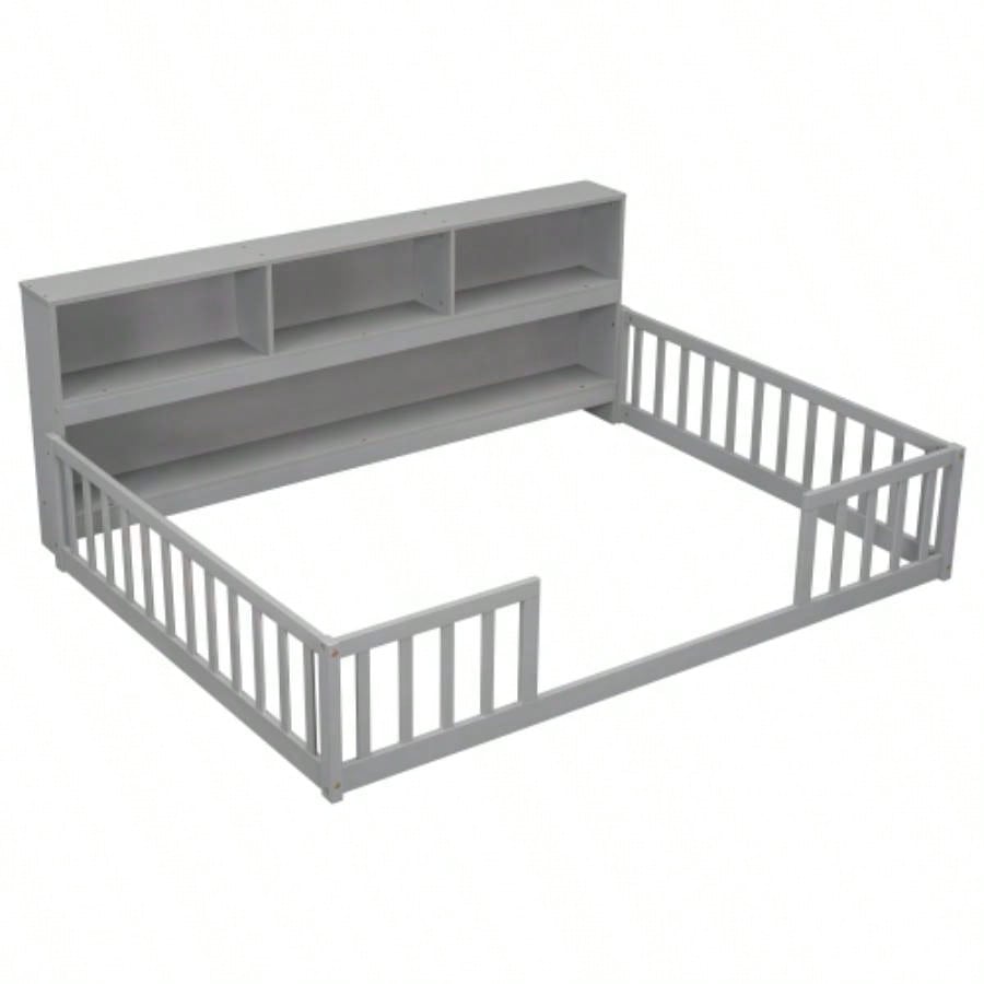 Full Floor Bed with Side Bookcase, Shelves, Guardrails,