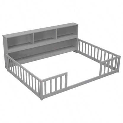 Full Floor Bed with Side Bookcase, Shelves, Guardrails,