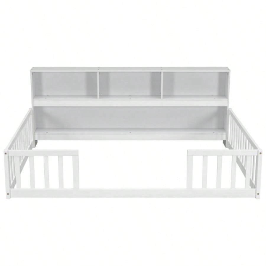 Full Floor Bed with Side Bookcase, Shelves, Guardrails, White
