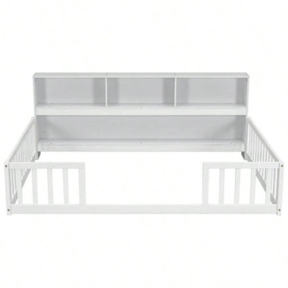 Full Floor Bed with Side Bookcase, Shelves, Guardrails, White