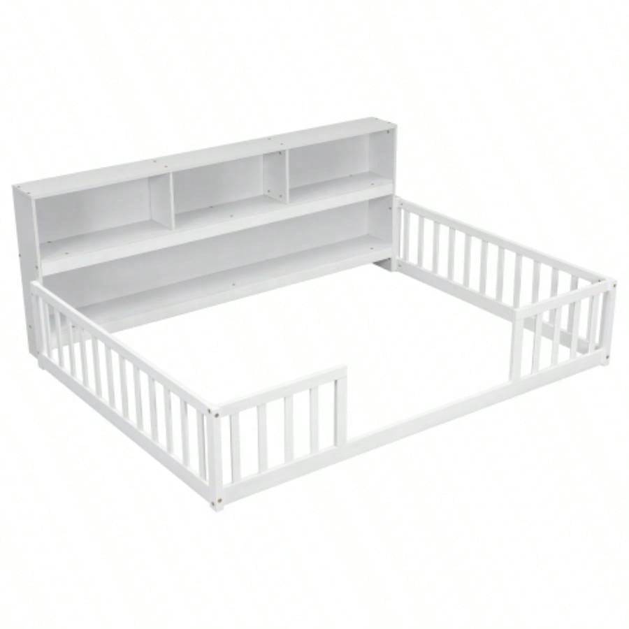 Full Floor Bed with Side Bookcase, Shelves, Guardrails, White