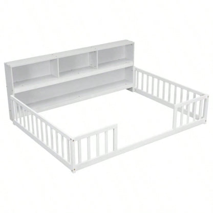 Full Floor Bed with Side Bookcase, Shelves, Guardrails, White
