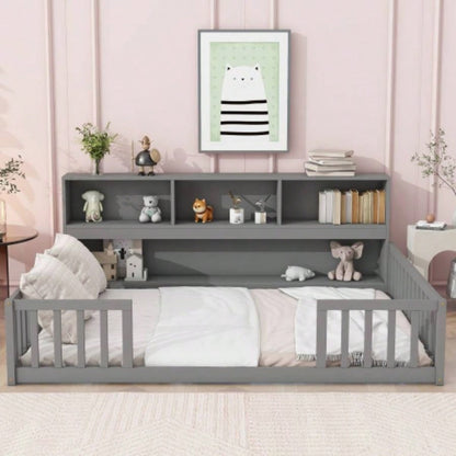 Full Floor Bed with Side Bookcase, Shelves, Guardrails, White