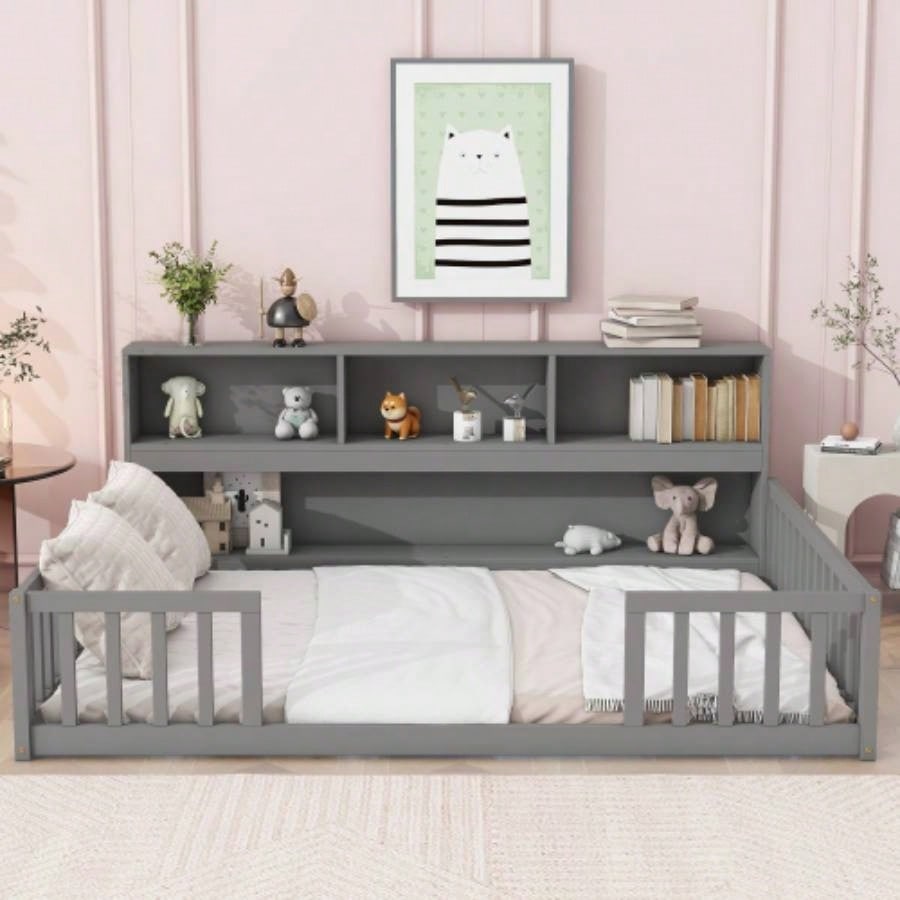 Full Floor Bed with Side Bookcase, Shelves, Guardrails,