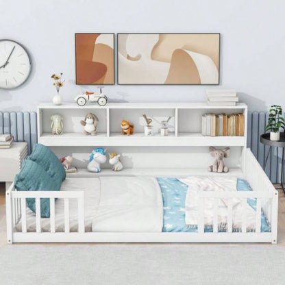 Full Floor Bed with Side Bookcase, Shelves, Guardrails, White