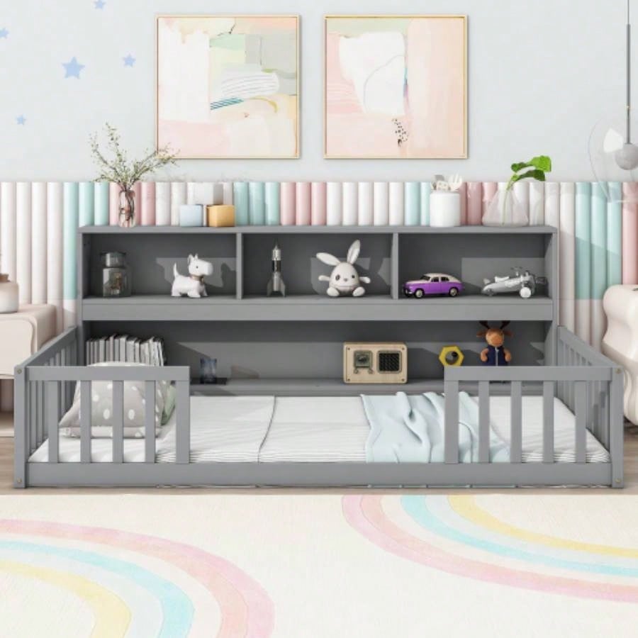 Full Floor Bed with Side Bookcase, Shelves, Guardrails, White