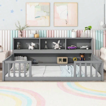 Full Floor Bed with Side Bookcase, Shelves, Guardrails, White