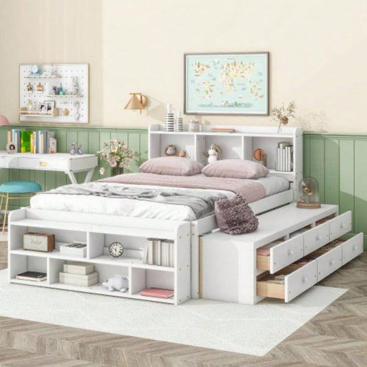 Full Bed with Bookcase Headboard, Under bed Storage Drawers and Bed End Storage, White