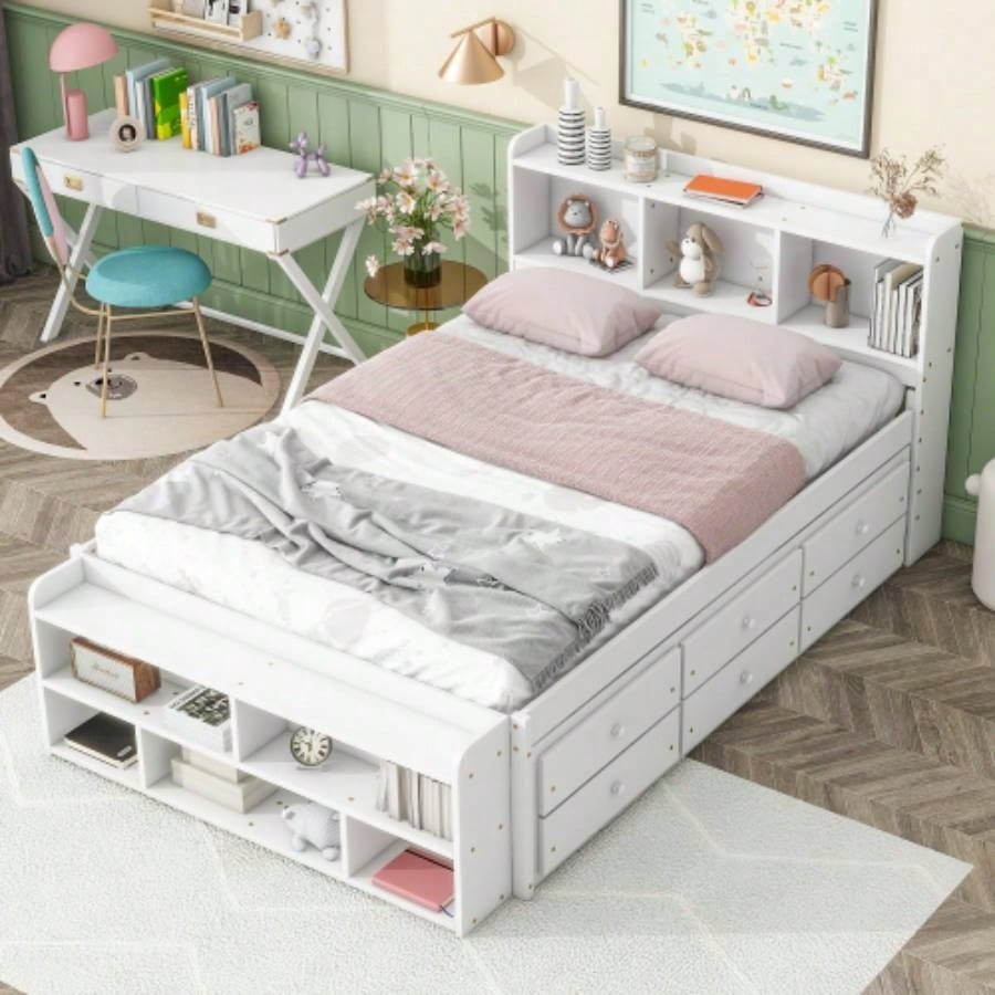 Full Bed with Bookcase Headboard, Under bed Storage Drawers and Bed End Storage, White