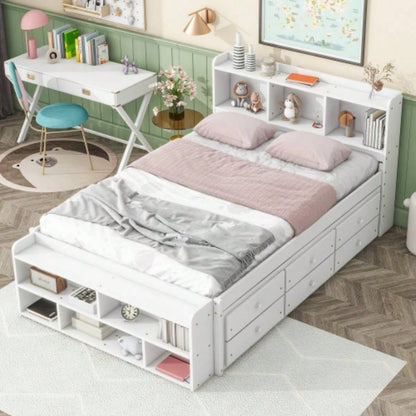 Full Bed with Bookcase Headboard, Under bed Storage Drawers and Bed End Storage, White