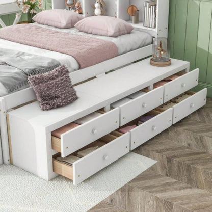 Full Bed with Bookcase Headboard, Under bed Storage Drawers and Bed End Storage, White