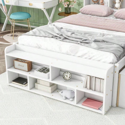 Full Bed with Bookcase Headboard, Under bed Storage Drawers and Bed End Storage, White