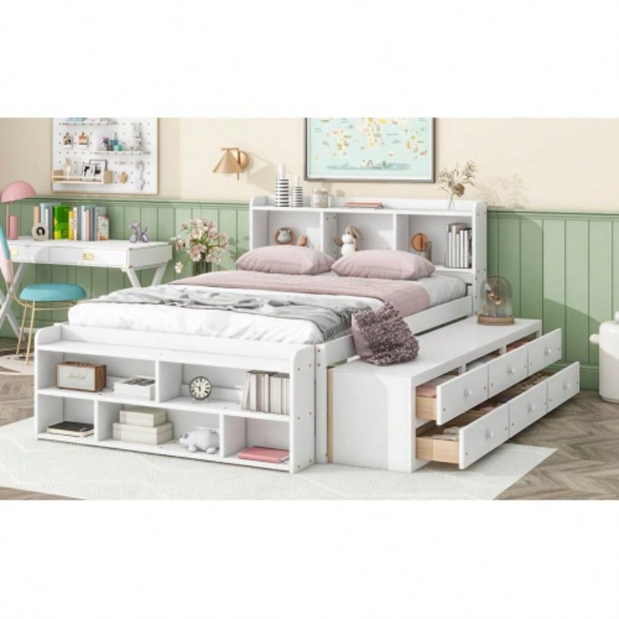 Full Bed with Bookcase Headboard, Under bed Storage Drawers and Bed End Storage, White