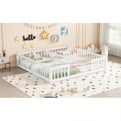 Double Twin Floor Bed with Fence, Guardrails, without door, White