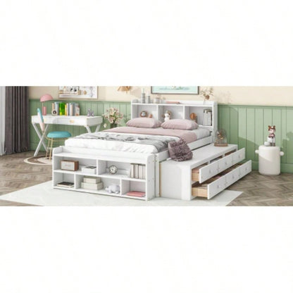 Full Bed with Bookcase Headboard, Under bed Storage Drawers and Bed End Storage, White
