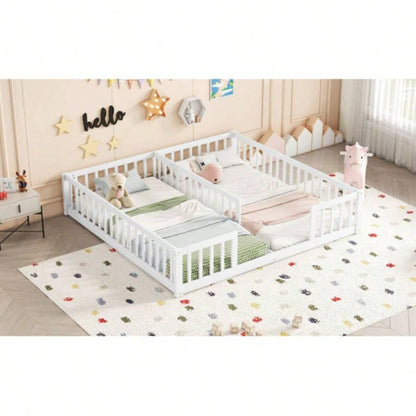 Double Twin Floor Bed with Fence, Guardrails, without door, White