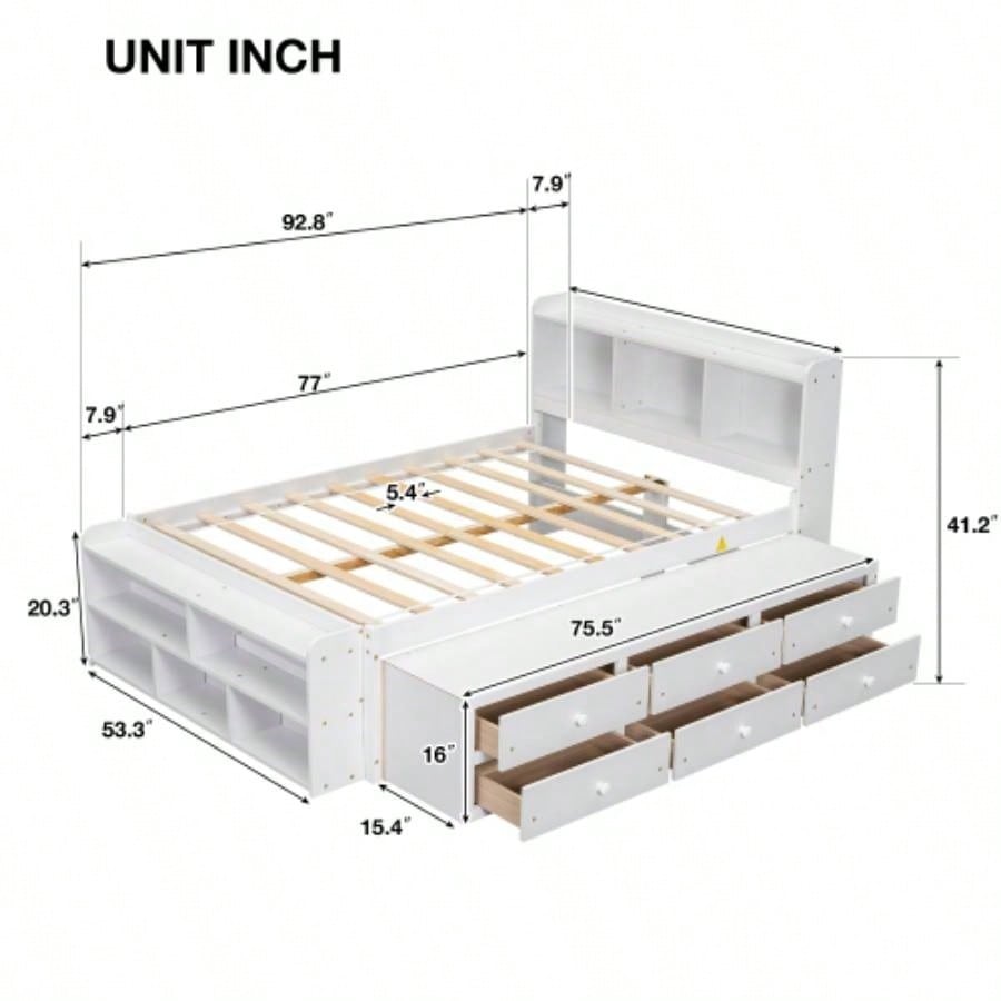 Full Bed with Bookcase Headboard, Under bed Storage Drawers and Bed End Storage, White