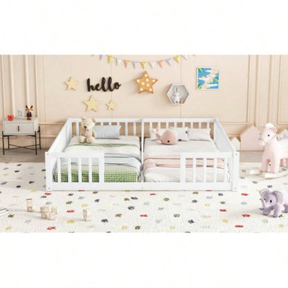 Double Twin Floor Bed with Fence, Guardrails, without door, White