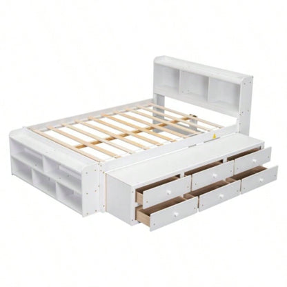 Full Bed with Bookcase Headboard, Under bed Storage Drawers and Bed End Storage, White