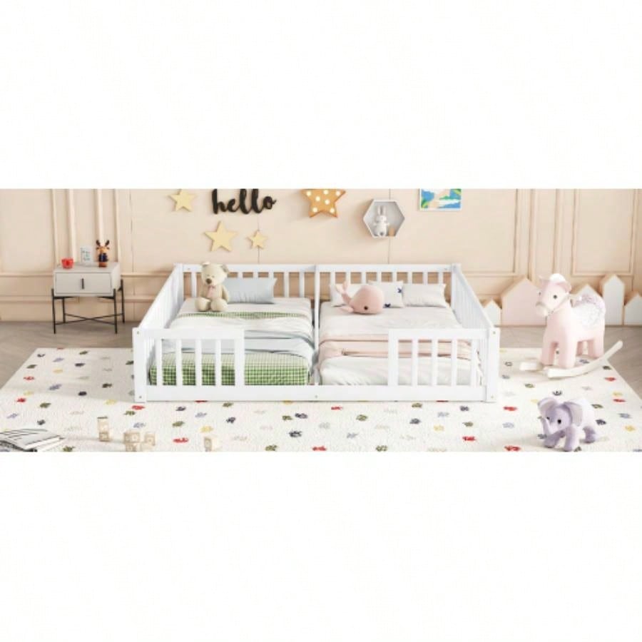 Double Twin Floor Bed with Fence, Guardrails, without door, White