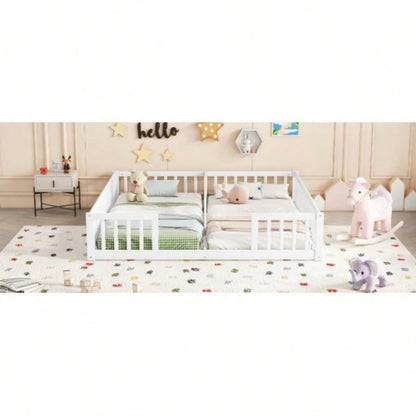 Double Twin Floor Bed with Fence, Guardrails, without door, White