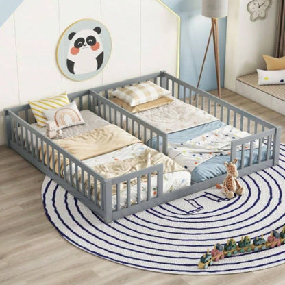 Double Twin Floor Bed with Fence, Guardrails, without door, White