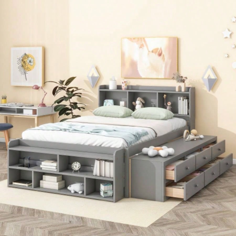 Full Bed with Bookcase Headboard, Under bed Storage Drawers and Bed End Storage, White