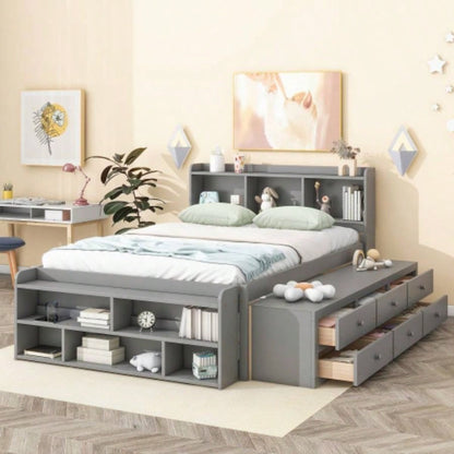 Full Bed with Bookcase Headboard, Under bed Storage Drawers and Bed End Storage, White