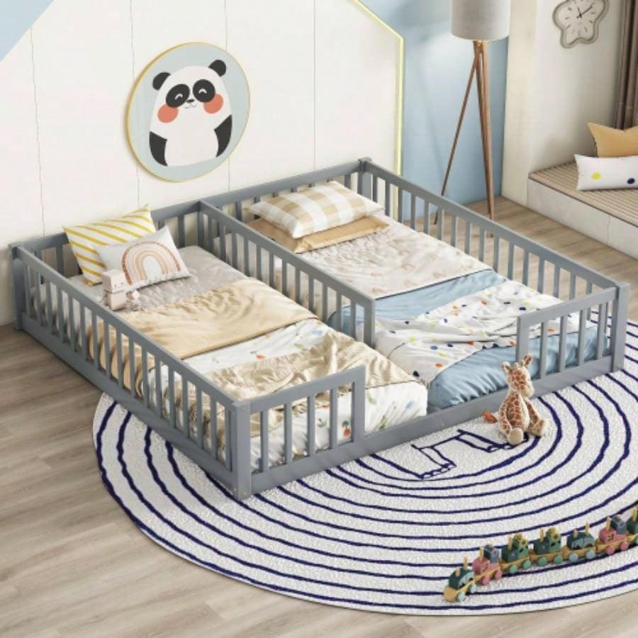 Double Twin Floor Bed with Fence, Guardrails, without door, White