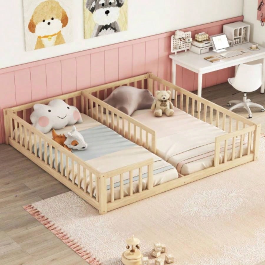 Double Twin Floor Bed with Fence, Guardrails, without door, White