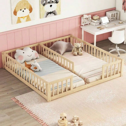 Double Twin Floor Bed with Fence, Guardrails, without door, White