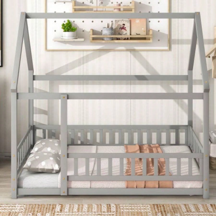 Full Size Floor Wooden Bed with House Roof Frame, Fence Guardrails, Old SKU: W50471474