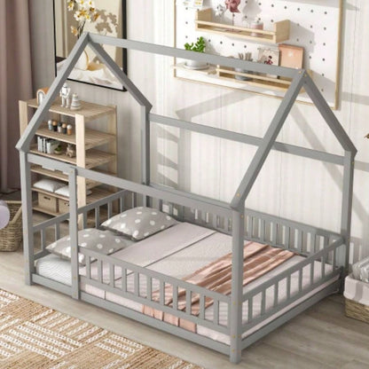 Full Size Floor Wooden Bed with House Roof Frame, Fence Guardrails, Old SKU: W50471474