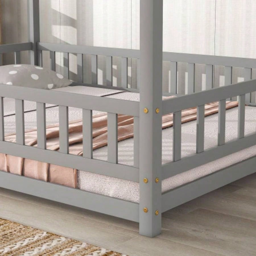 Full Size Floor Wooden Bed with House Roof Frame, Fence Guardrails, Old SKU: W50471474