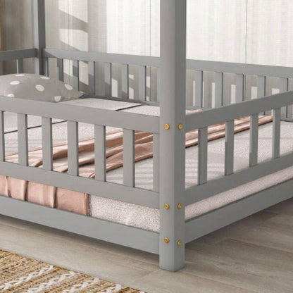 Full Size Floor Wooden Bed with House Roof Frame, Fence Guardrails, Old SKU: W50471474