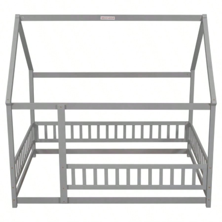 Full Size Floor Wooden Bed with House Roof Frame, Fence Guardrails, Old SKU: W50471474
