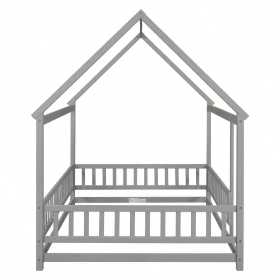 Full Size Floor Wooden Bed with House Roof Frame, Fence Guardrails, Old SKU: W50471474
