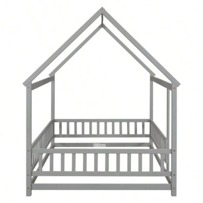 Full Size Floor Wooden Bed with House Roof Frame, Fence Guardrails, Old SKU: W50471474
