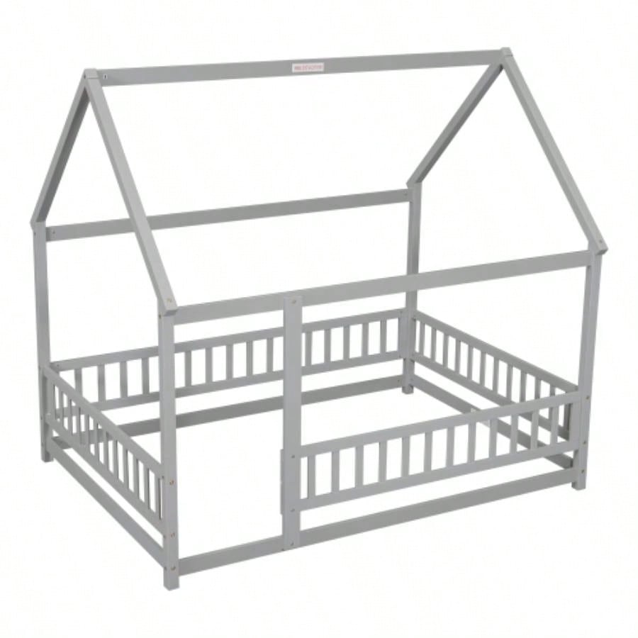 Full Size Floor Wooden Bed with House Roof Frame, Fence Guardrails, Old SKU: W50471474