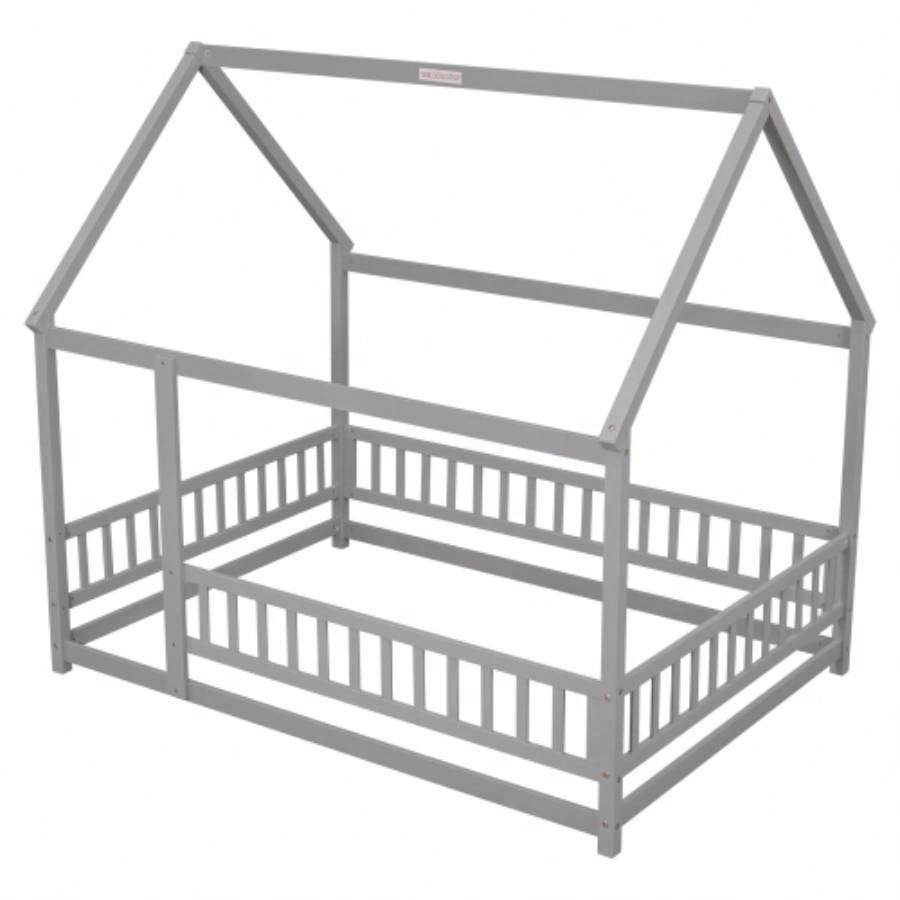 Full Size Floor Wooden Bed with House Roof Frame, Fence Guardrails, Old SKU: W50471474