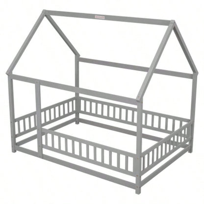 Full Size Floor Wooden Bed with House Roof Frame, Fence Guardrails, Old SKU: W50471474