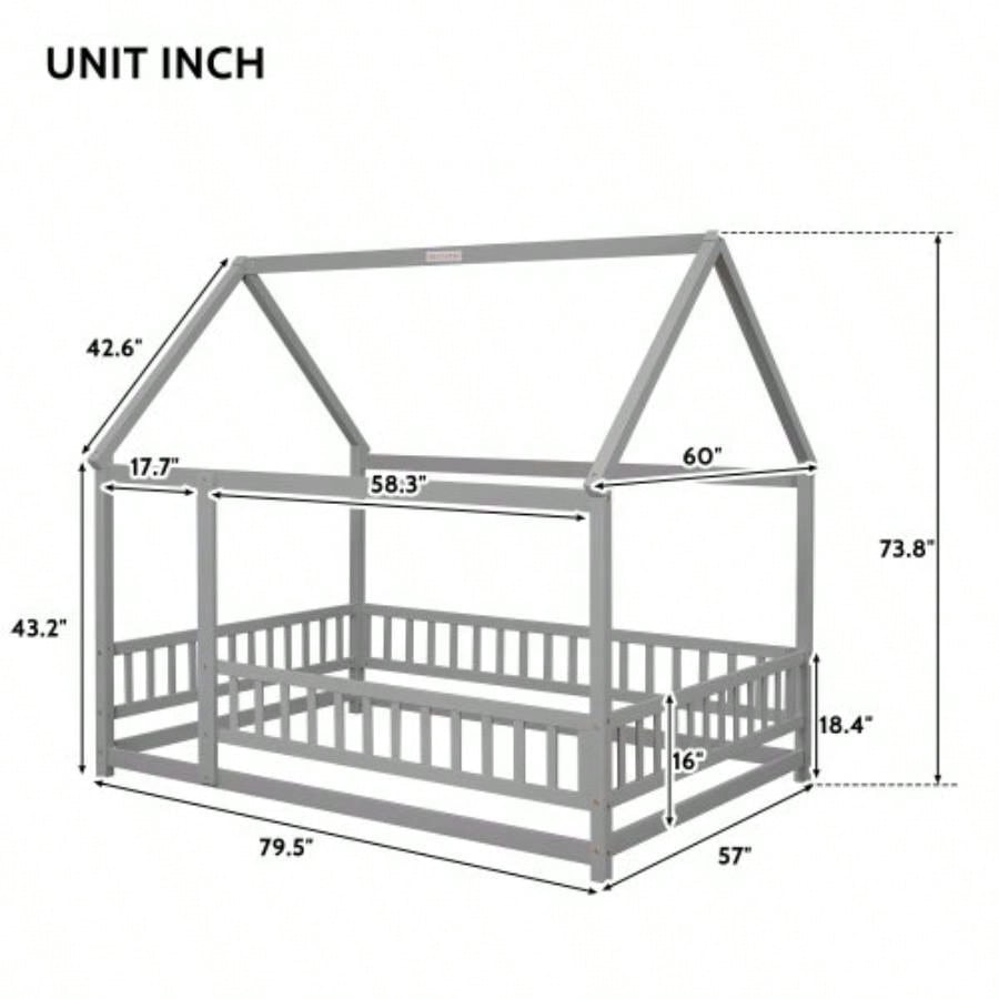 Full Size Floor Wooden Bed with House Roof Frame, Fence Guardrails, Old SKU: W50471474