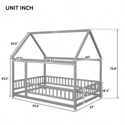 Full Size Floor Wooden Bed with House Roof Frame, Fence Guardrails, Old SKU: W50471474