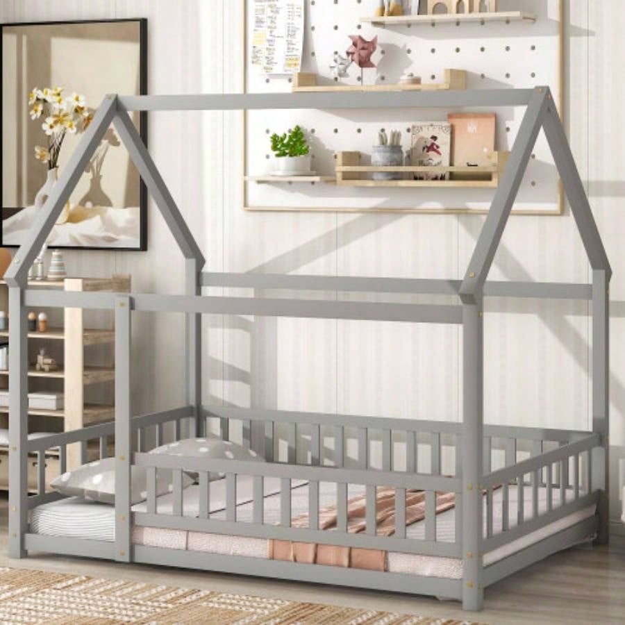 Full Size Floor Wooden Bed with House Roof Frame, Fence Guardrails, Old SKU: W50471474