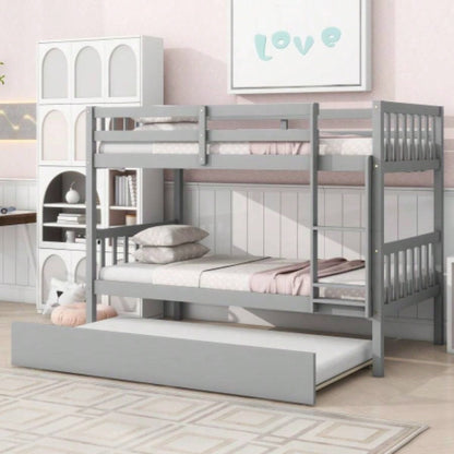 Twin Over Twin Rubber Wood Bunk Bed with Trundle, Convertible into Twin Size Beds, Twin Size Bunk Bed with Ladder and Safety Guardrails,