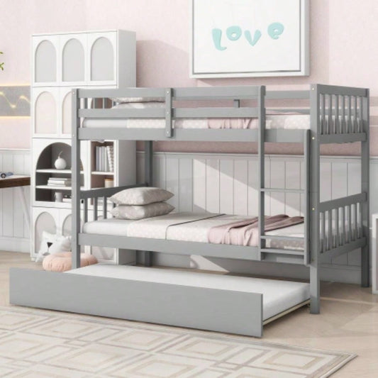 Twin Over Twin Rubber Wood Bunk Bed with Trundle, Convertible into Twin Size Beds, Twin Size Bunk Bed with Ladder and Safety Guardrails,