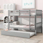 Twin Over Twin Rubber Wood Bunk Bed with Trundle, Convertible into Twin Size Beds, Twin Size Bunk Bed with Ladder and Safety Guardrails,